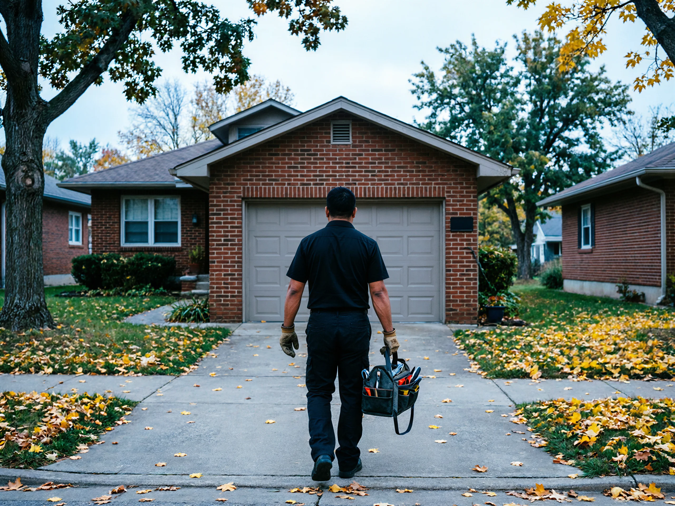 A technician walks toward a brick house with a beige garage door.