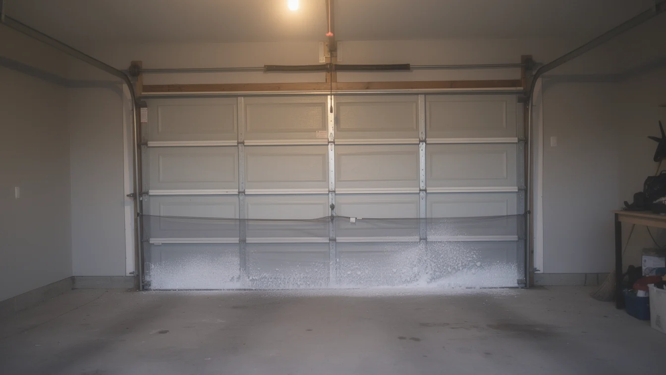 A closed garage door has a black mesh screen and snow at the bottom.