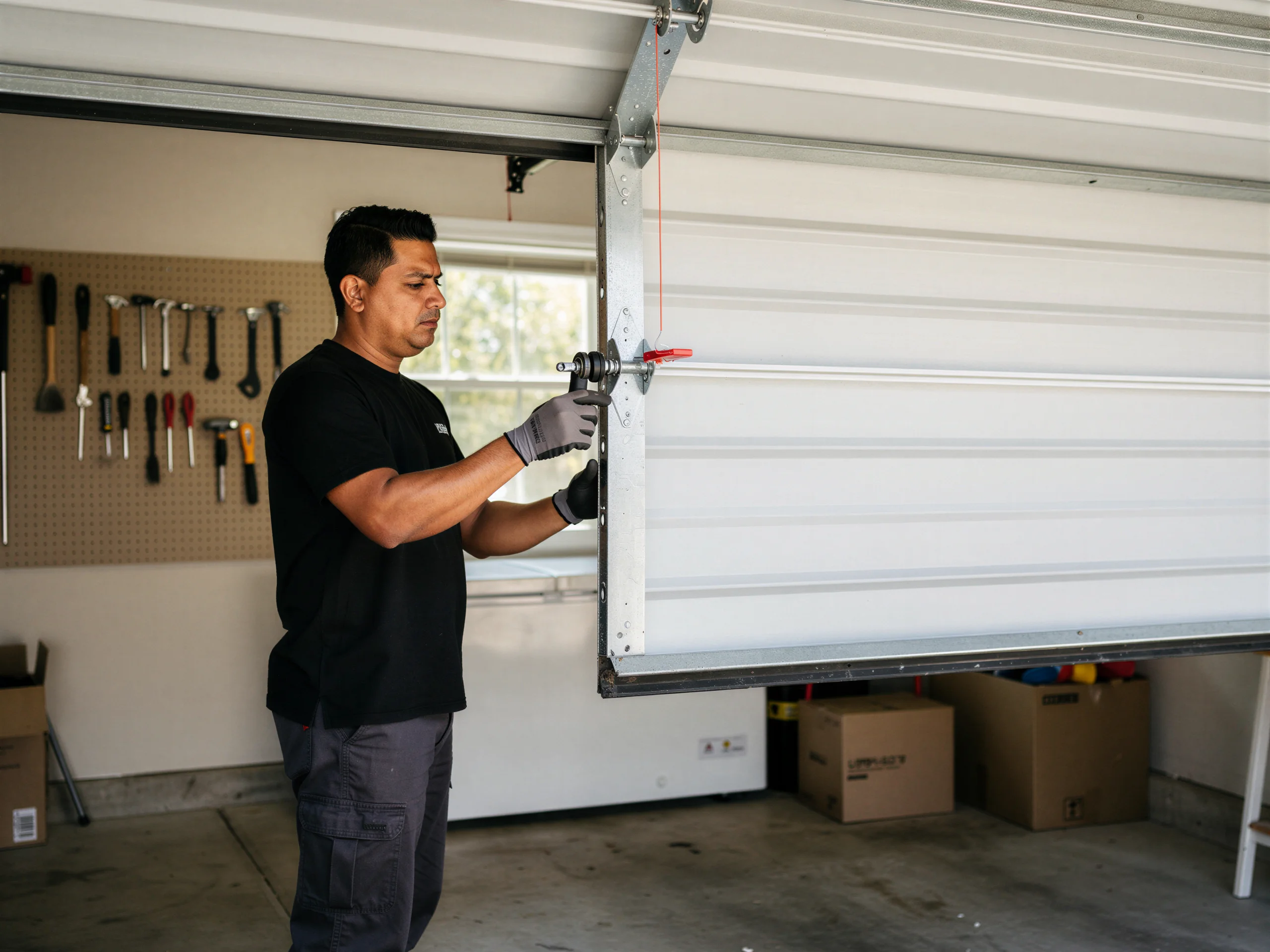 A technician wearing gloves adjusts a white garage door inside a garage.